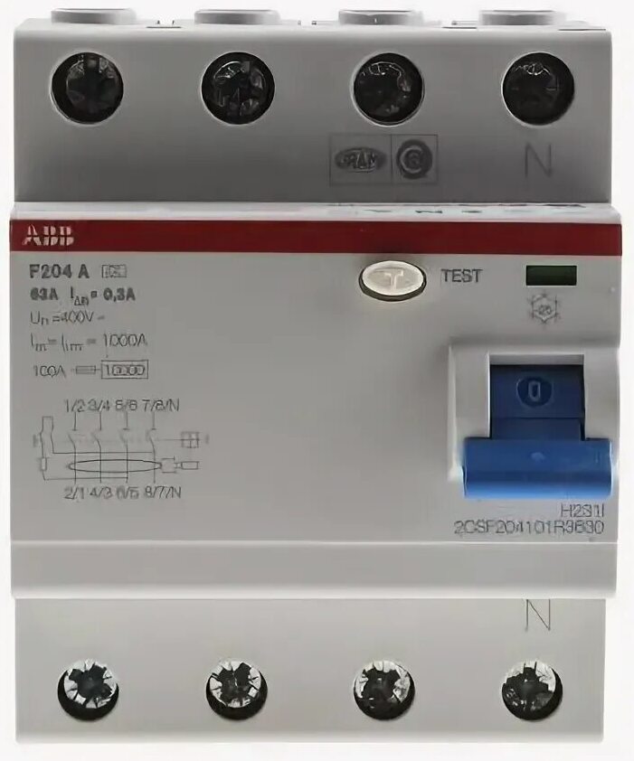 ABB F204 A-63/0,3 УЗО 4-x полюсное 63А 300mA тип А 10кА 2CSF204101R3630 в Москве